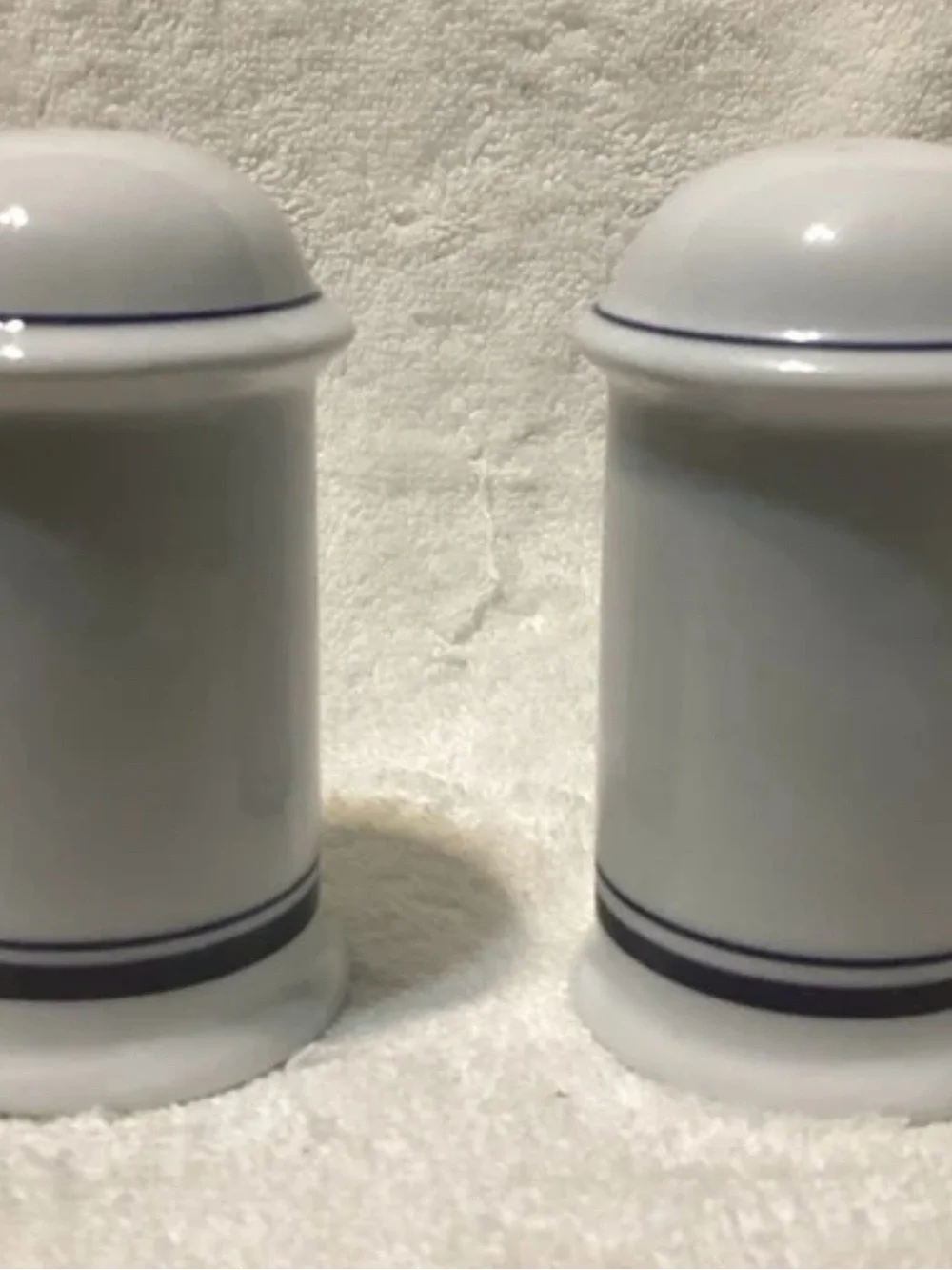 Dansk White Ceramic Shakers with Blue Trim